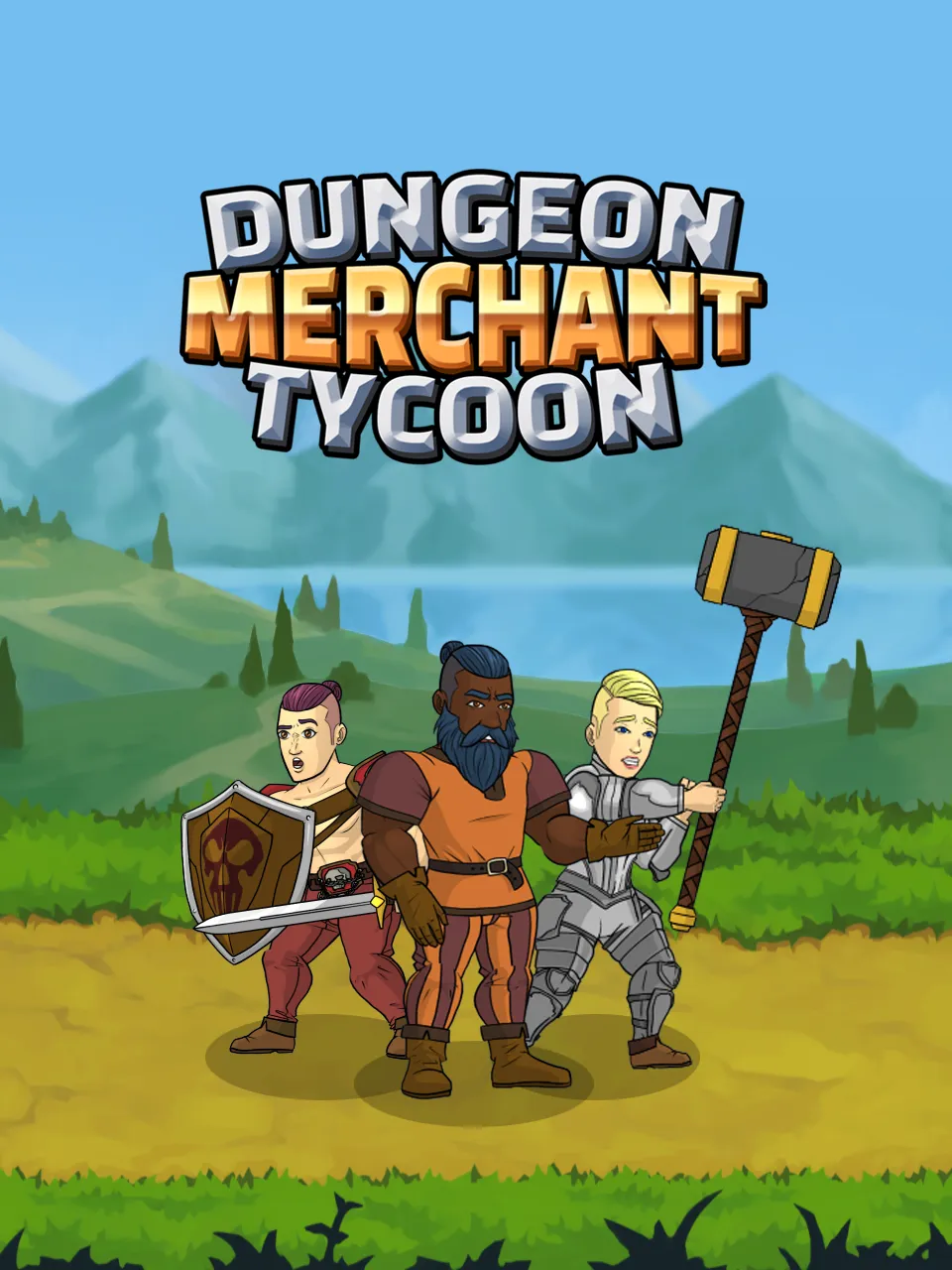 Dungeon Merchant Tycoon title art in warm gold lettering above three adventurers on a green hillside